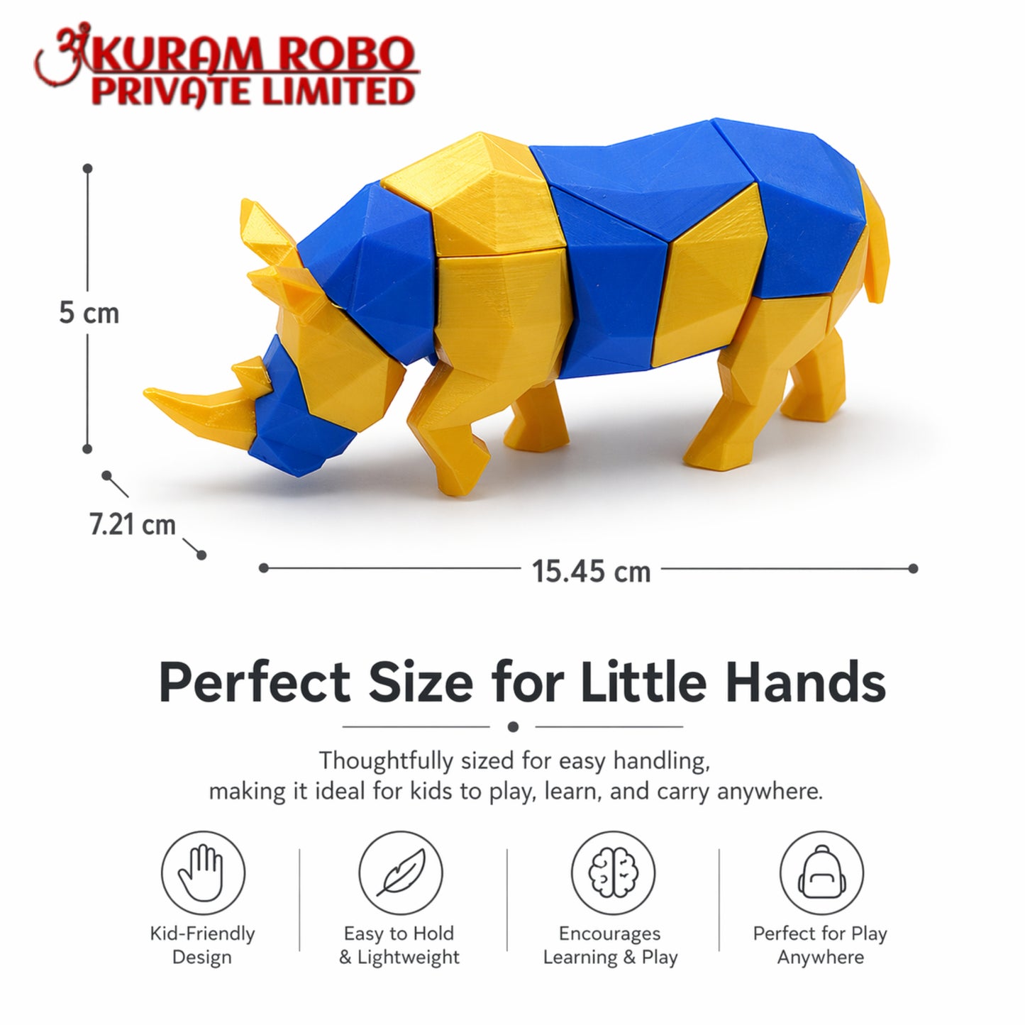 Ankuram Robo 3D Printed Geometric Rhino Toy | Educational Low-Poly STEM Puzzle for Kids