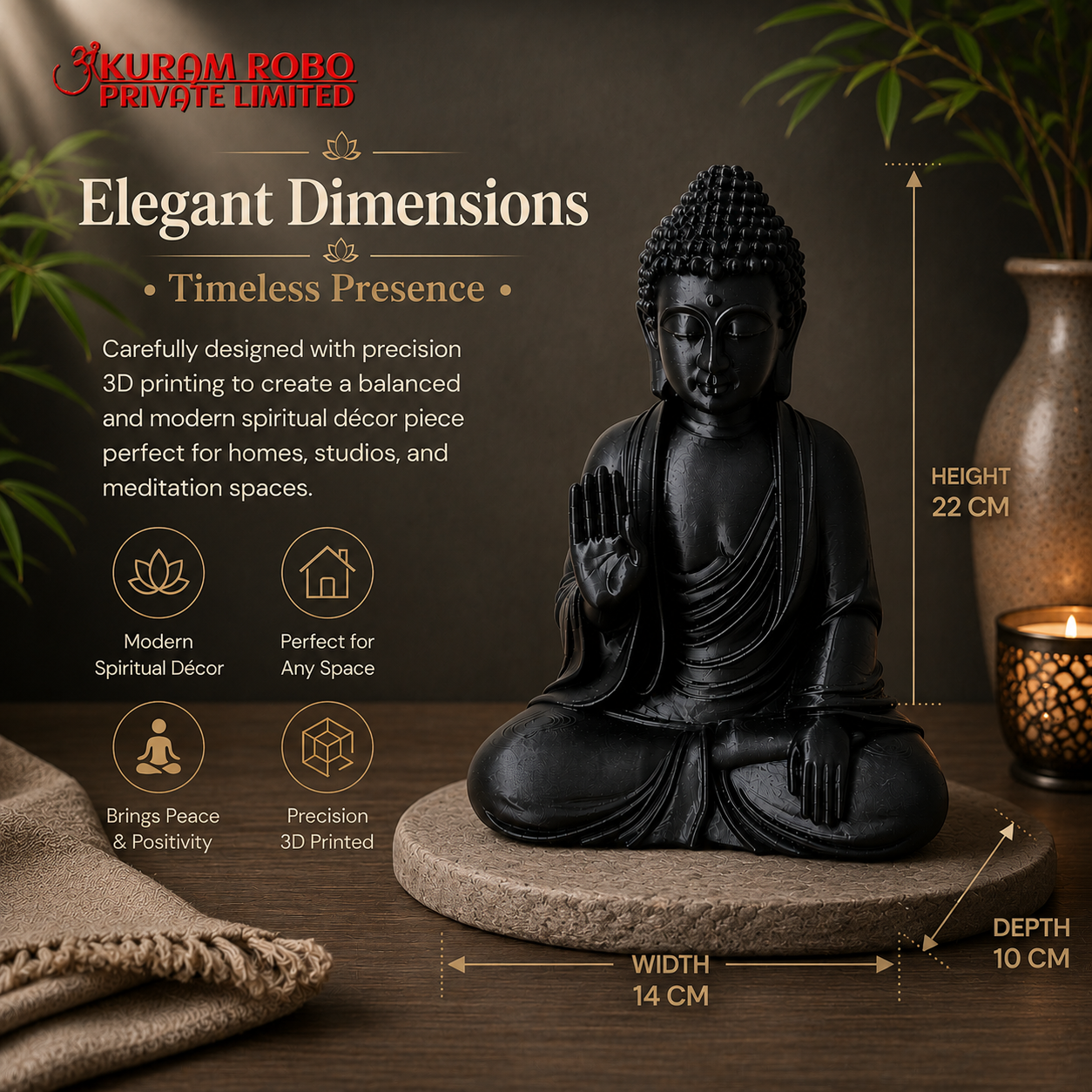Premium 3D Printed Black Buddha Statue | Precision Crafted Zen Home Decor