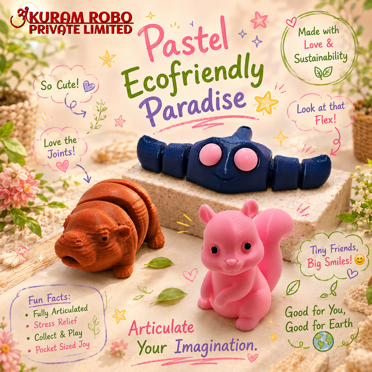 Ankuram Robo 3D Printed Articulated Animal Toys | Eco-Friendly Flexible Fidget Figures|Pack of 3