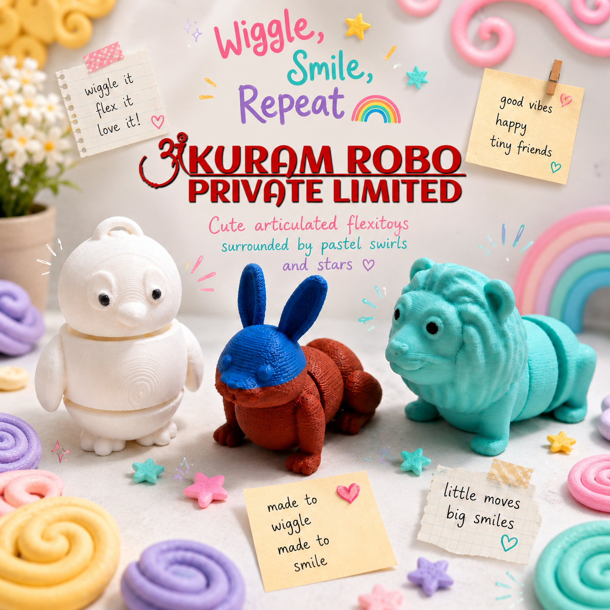 Ankuram Robo 3D Printed Articulated Flexitoys - Pack of 3 | Cute Animal Fidget Figures for Kids & Adults