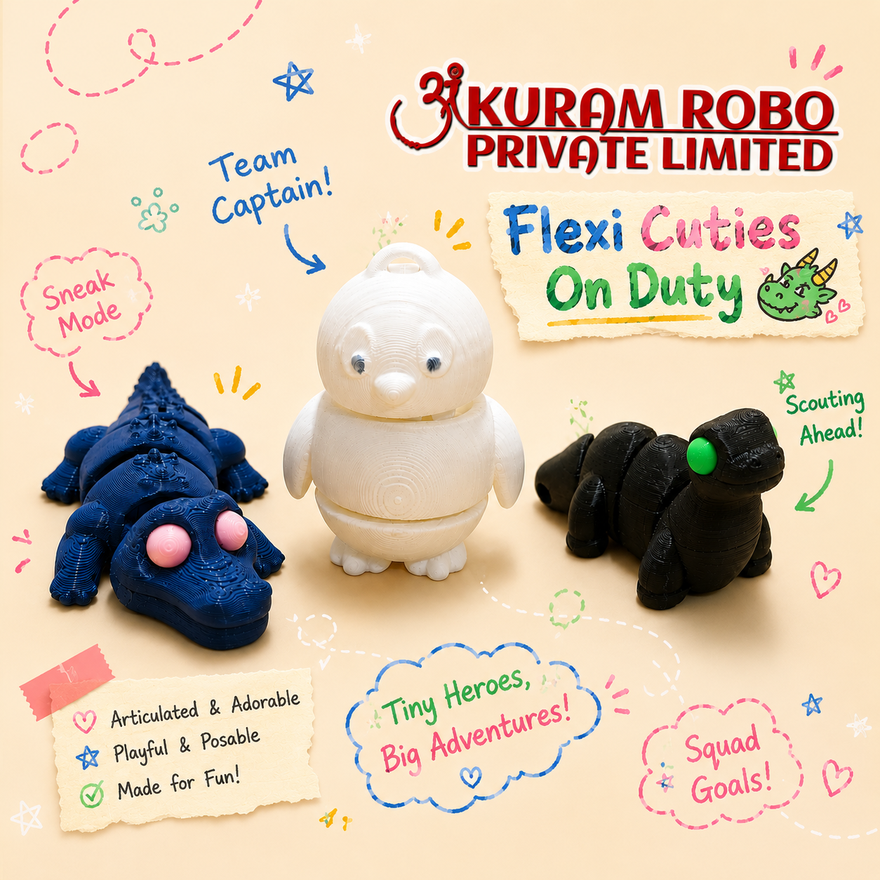 Ankuram Robo 3D Printed Articulated Flexitoys - Pack of 3 |Ankuram Robo Flexi Cuties Toy Set | 3D Printed Articulated Animal Figures | Posable Sensory Fidgets
