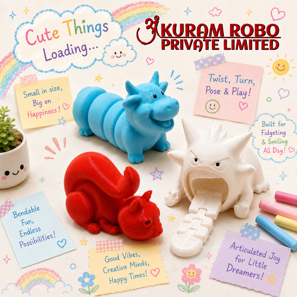 Ankuram Robo Articulated 3D Printed Toy Set | Pack of 3 Flexi Fidget Monsters & Animals | Bendable Sensory Desk Toys