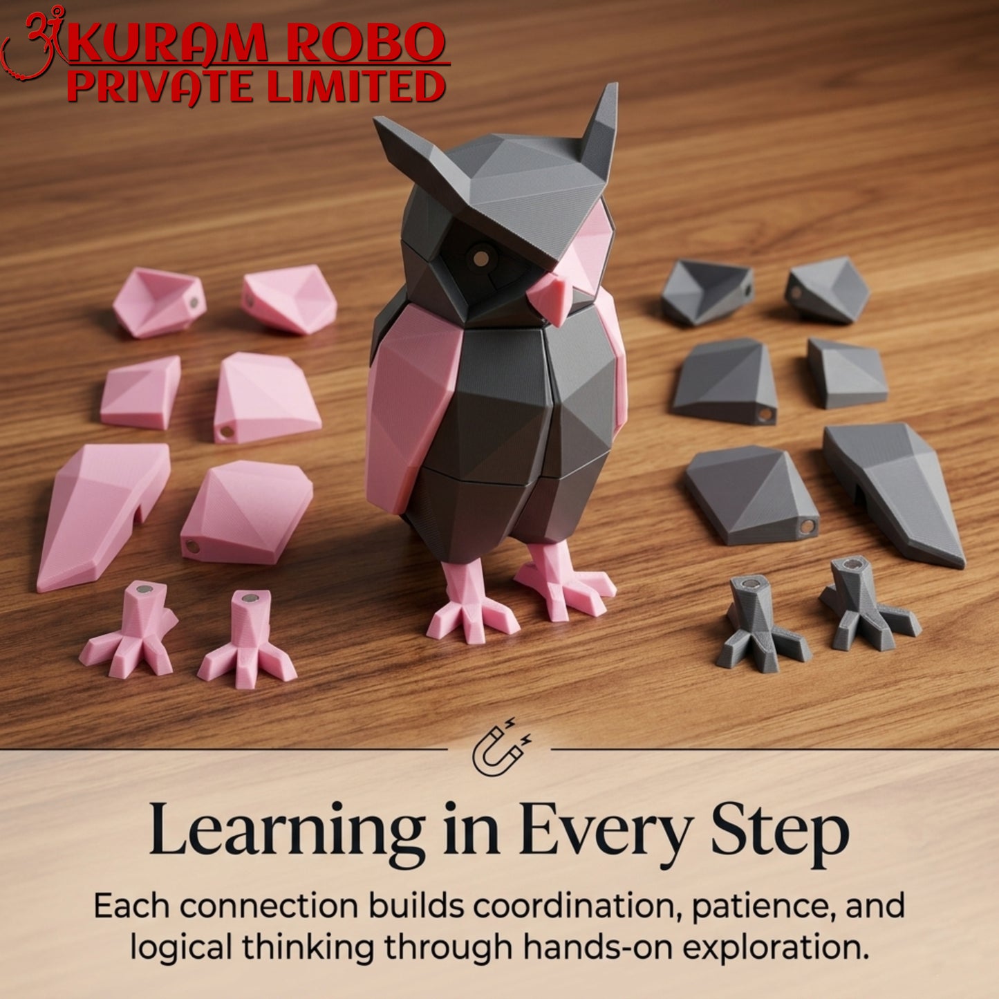 Ankuram Robo 3D Printed Owl Puzzle Toy | Low-Poly Educational Building Toy for Kids | Grey & Pink