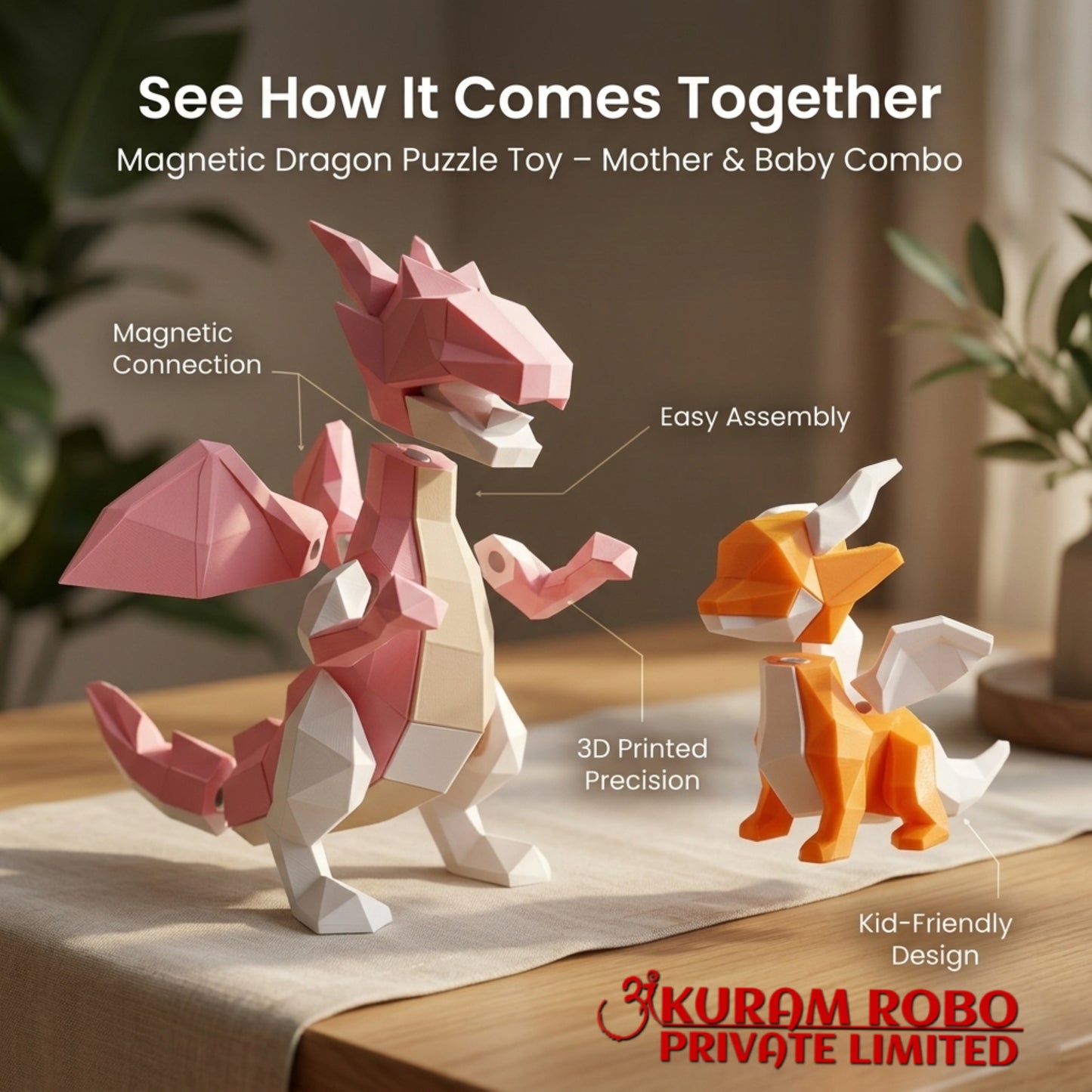 Geometric 3D Printed Dragon Family Set | Low-Poly Pink Mother & Orange Baby Dragon Ornaments | Fantasy Collectibles by Ankuram Robo