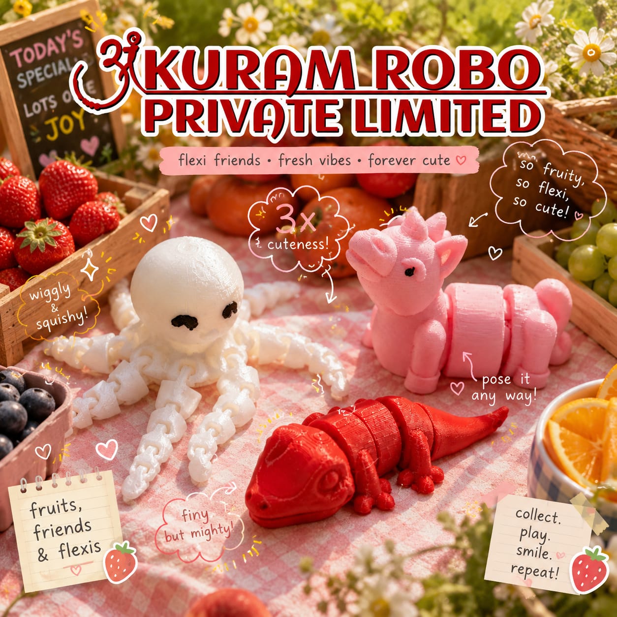 Ankuram Robo Flexi Friends 3-Pack | 3D Printed Articulated Animal Toys | Octopus, Lizard & Unicorn Sensory Fidgets