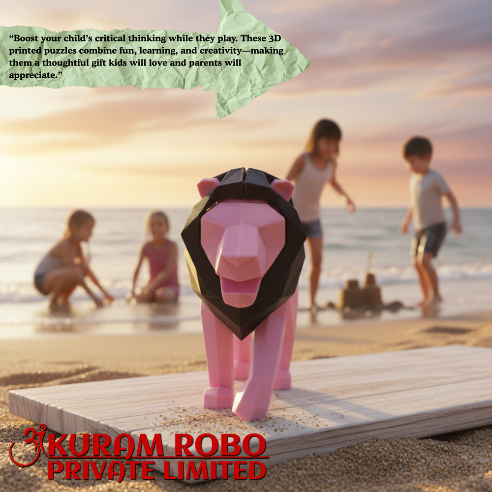 Ankuram Robo 3D Printed Lion Puzzle Toy | Low-Poly Educational Animal Figurine | Pink & Black