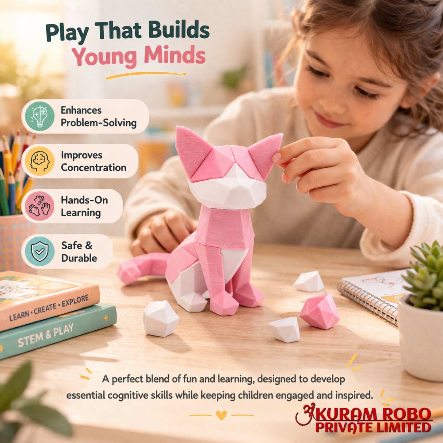 Ankuram Robo Eco-Friendly Magnetic Cat Puzzle | 3D Printed Low-Poly Kids Toy | Pink & White