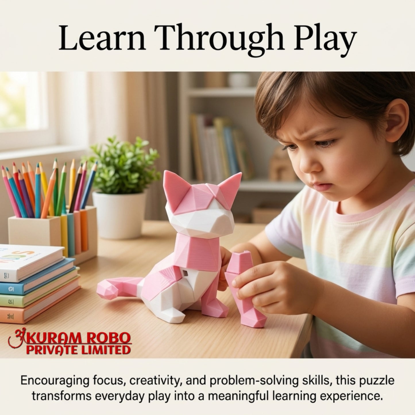 Ankuram Robo Eco-Friendly Magnetic Cat Puzzle | 3D Printed Low-Poly Kids Toy | Pink & White