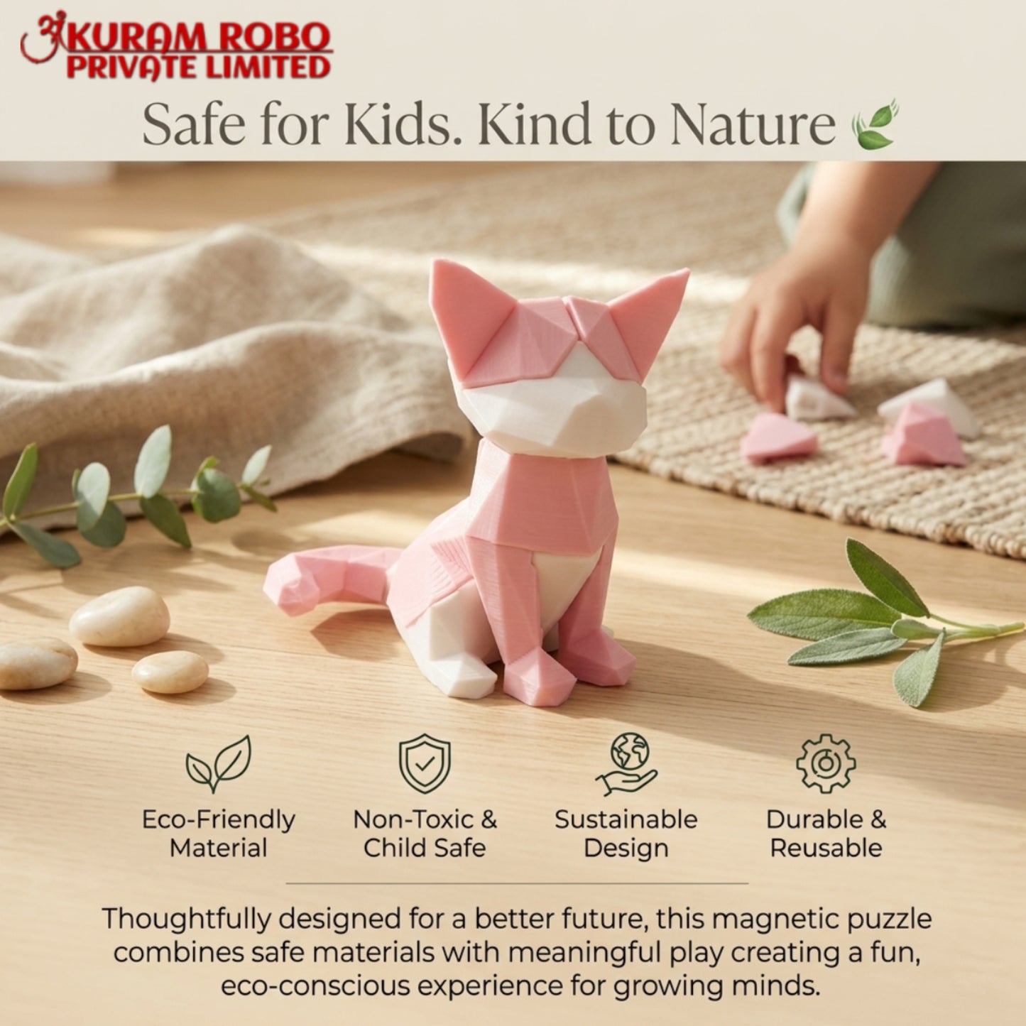 Ankuram Robo Eco-Friendly Magnetic Cat Puzzle | 3D Printed Low-Poly Kids Toy | Pink & White