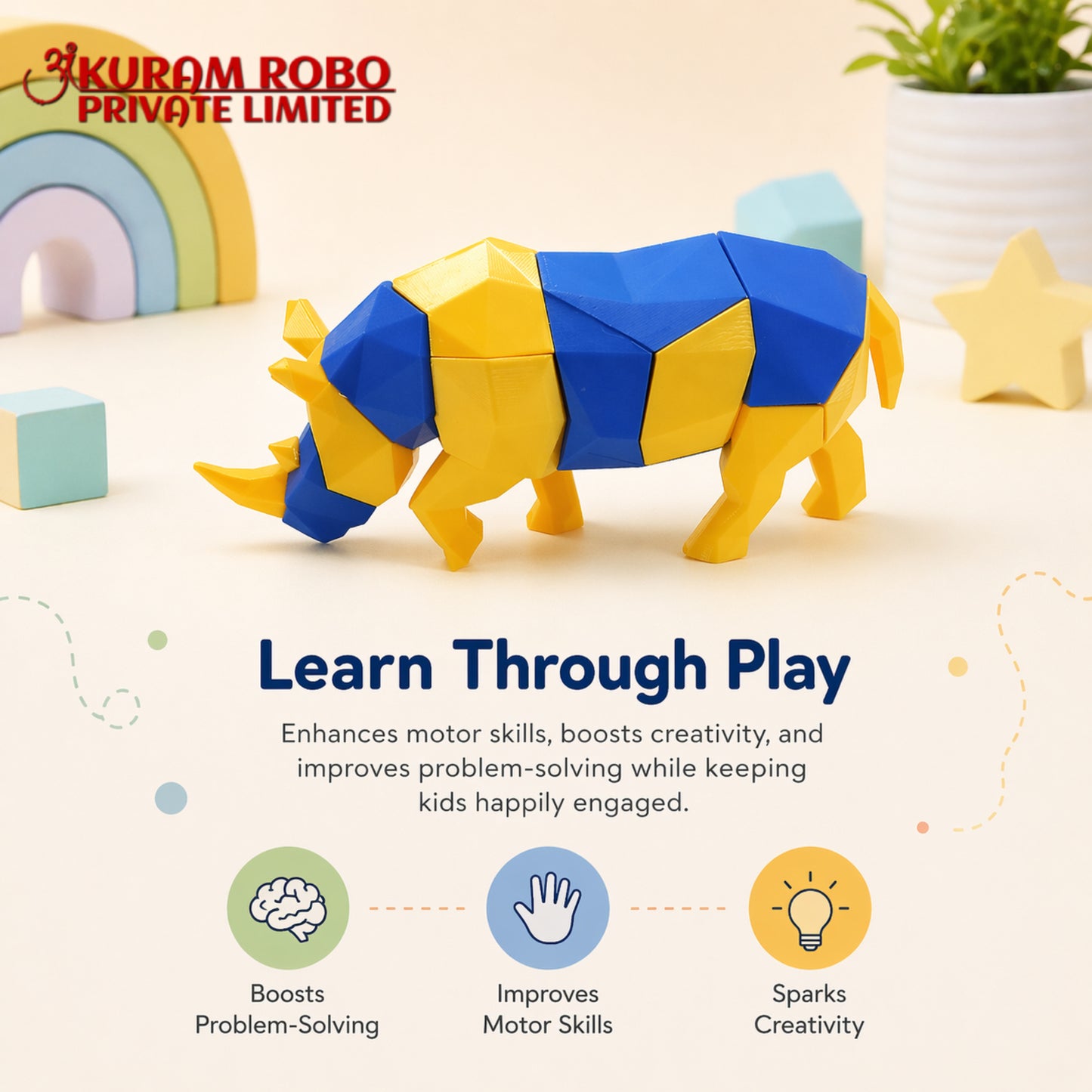 Ankuram Robo 3D Printed Geometric Rhino Toy | Educational Low-Poly STEM Puzzle for Kids