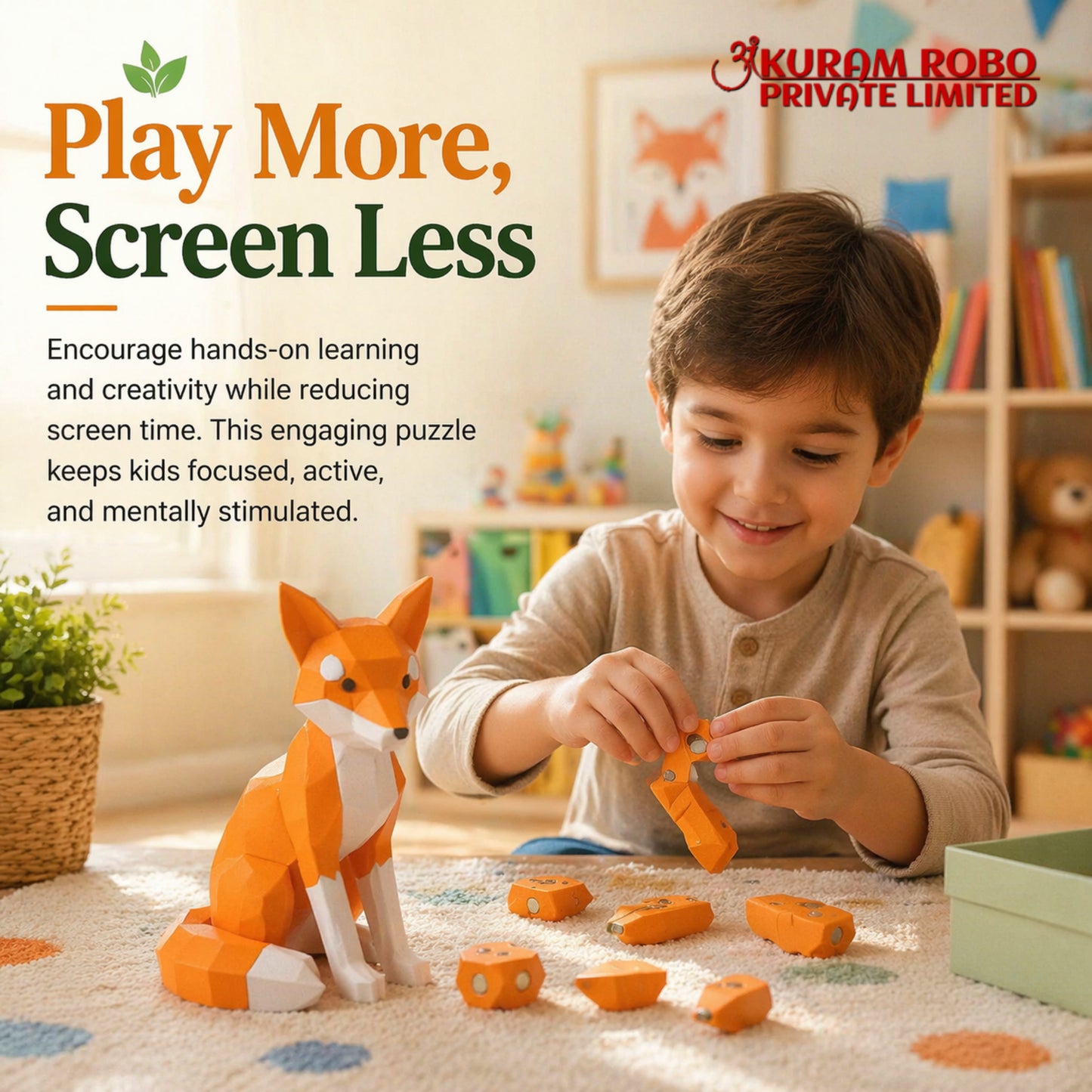 Sustainable Geometric Fox Figurine | BPA-Free, Non-Toxic Animal Toy for Kids | Earth-Friendly Decor by Anuram Robo
