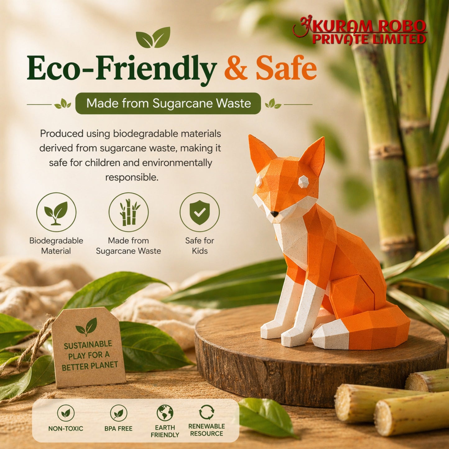 Sustainable Geometric Fox Figurine | BPA-Free, Non-Toxic Animal Toy for Kids | Earth-Friendly Decor by Anuram Robo