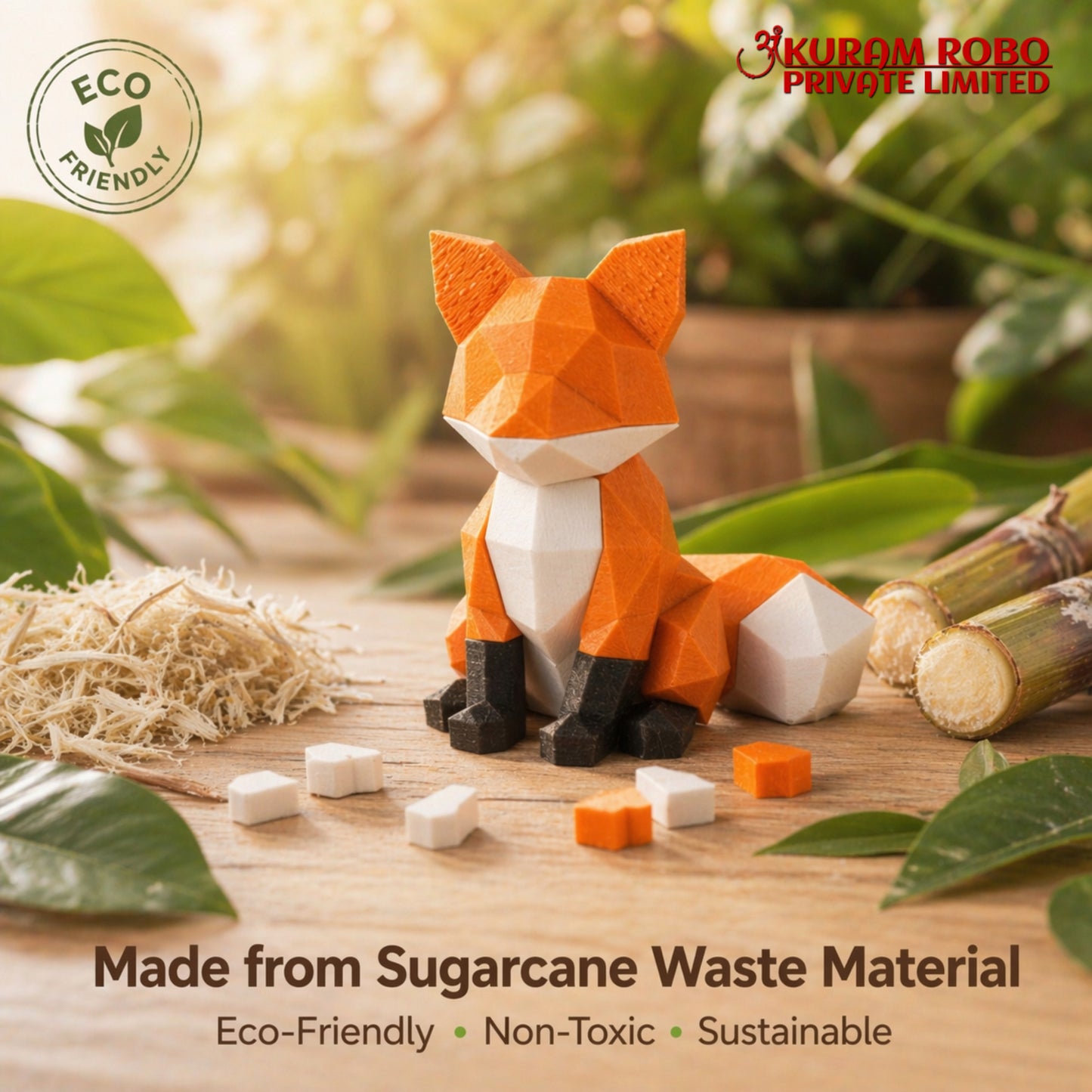 Ankuram Robo Eco-Friendly Low-Poly Fox Figurine | Made from Sugarcane Waste | Sustainable 3D Printed Decor