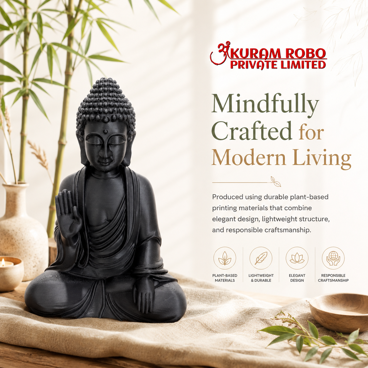 Premium 3D Printed Black Buddha Statue | Precision Crafted Zen Home Decor