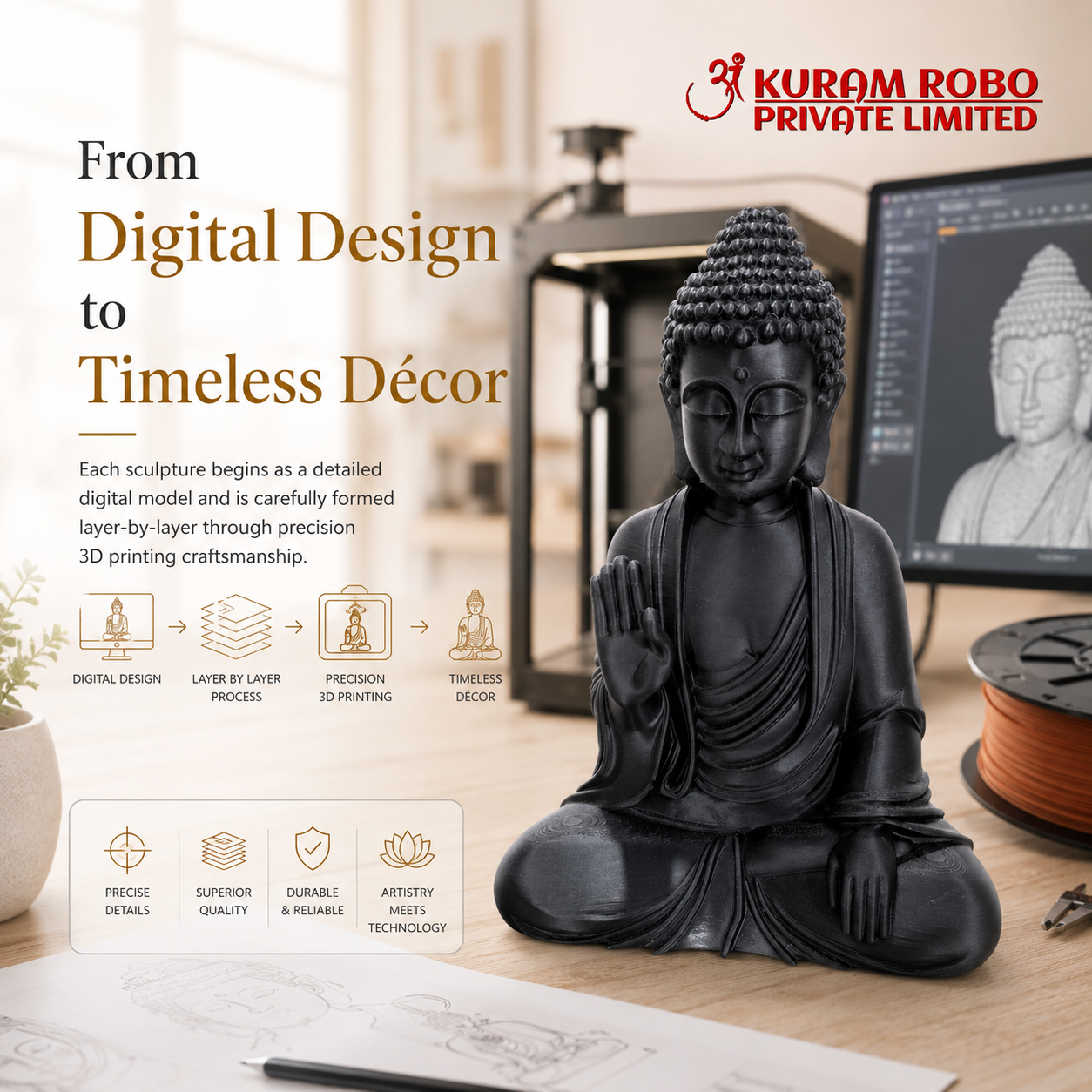 Premium 3D Printed Black Buddha Statue | Precision Crafted Zen Home Decor