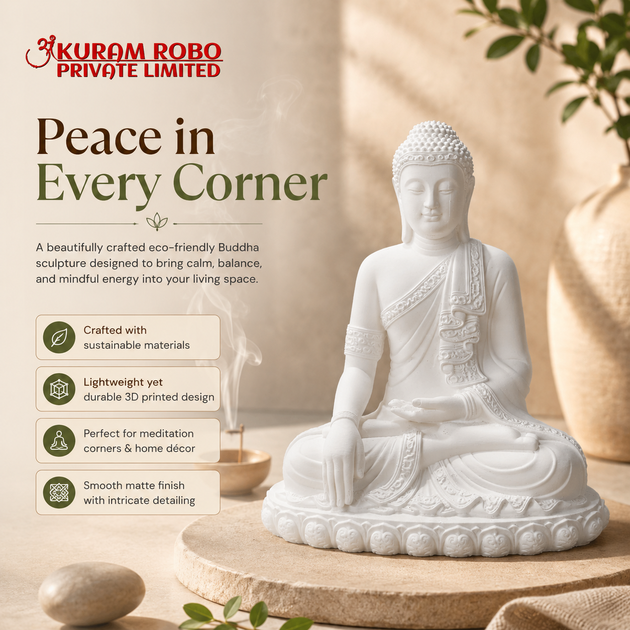 Eco-Friendly 3D Printed Buddha Statue - Minimalist Meditation Decor & Intricate Spiritual Sculpture