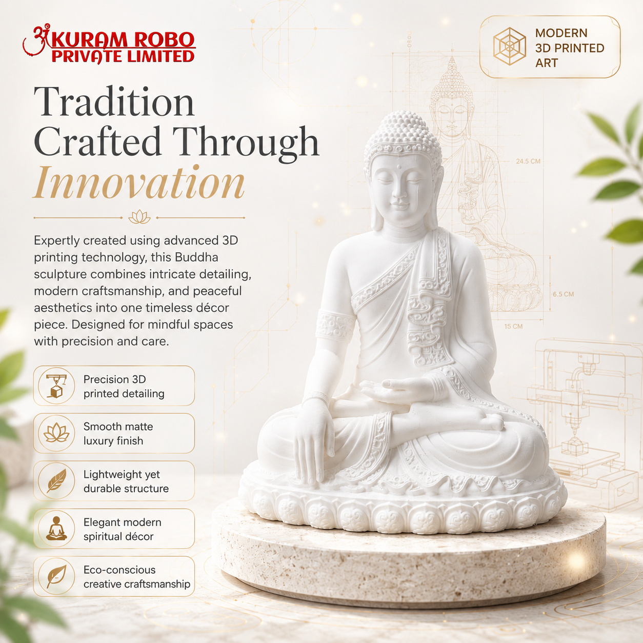 Eco-Friendly 3D Printed Buddha Statue - Minimalist Meditation Decor & Intricate Spiritual Sculpture