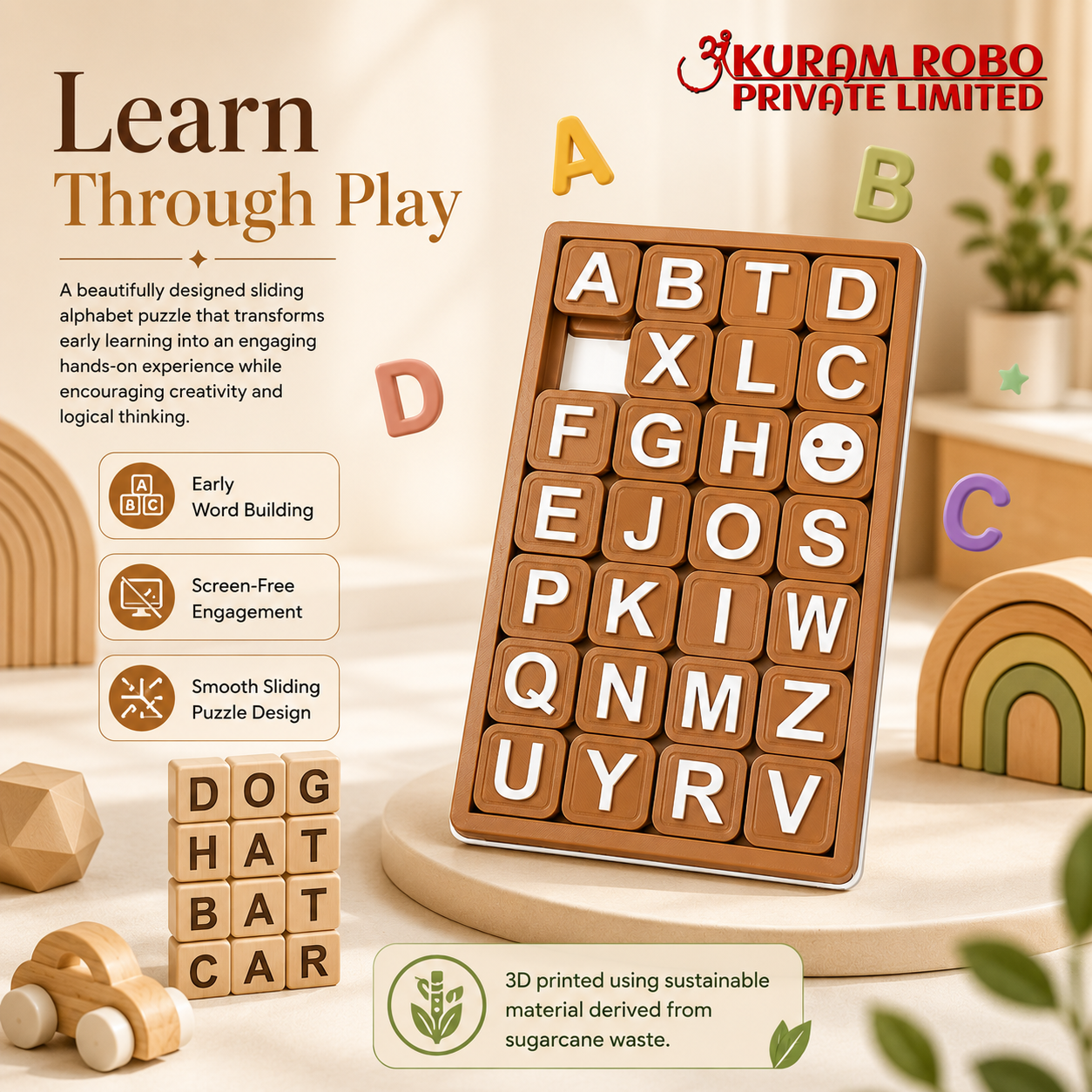 The Eco-Friendly 3D Printed Sliding Alphabet Puzzle by Ankuram Robo|Eco-Friendly 3D Printed Alphabet Sliding Puzzle | Ankuram Robo