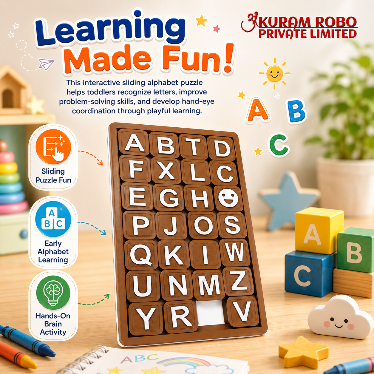 The Eco-Friendly 3D Printed Sliding Alphabet Puzzle by Ankuram Robo|Eco-Friendly 3D Printed Alphabet Sliding Puzzle | Ankuram Robo