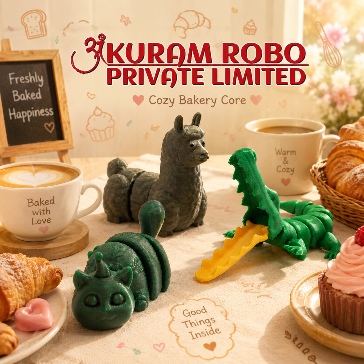 Ankuram Robo "Cozy Bakery" Articulated Animal Set - 3 Pack | 3D Printed Llama, Cat & Crocodile Fidget Toys
