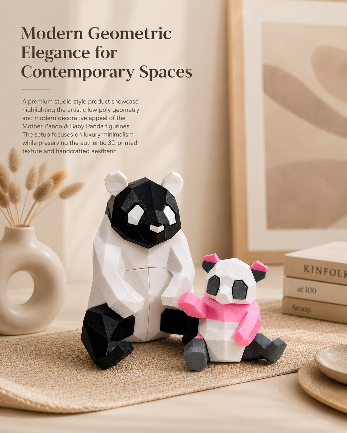 Ankuram Robo Low-Poly Mother & Baby Panda Set | 3D Printed Geometric Animal Figurines | Modern Minimalist Home Decor