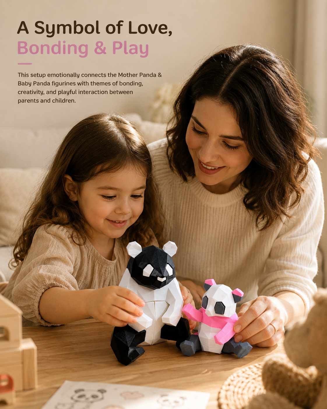 Ankuram Robo Low-Poly Mother & Baby Panda Set | 3D Printed Geometric Animal Figurines | Modern Minimalist Home Decor