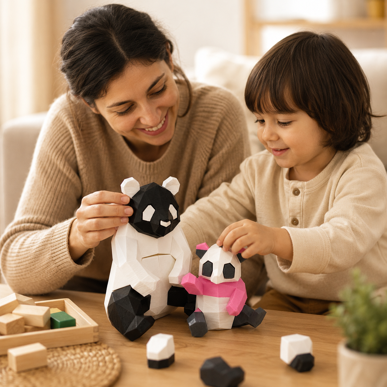 Ankuram Robo Low-Poly Mother & Baby Panda Set | 3D Printed Geometric Animal Figurines | Modern Minimalist Home Decor