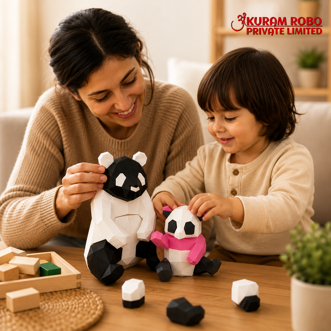 Ankuram Robo Low-Poly Mother & Baby Panda Set | 3D Printed Geometric Animal Figurines | Modern Minimalist Home Decor