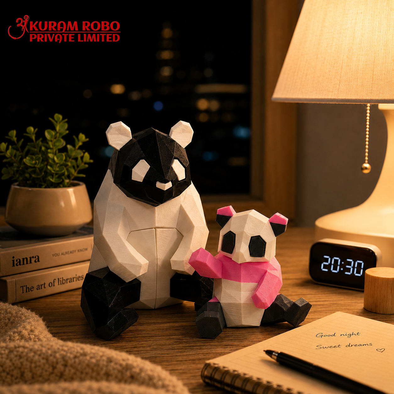 Ankuram Robo Low-Poly Mother & Baby Panda Set | 3D Printed Geometric Animal Figurines | Modern Minimalist Home Decor