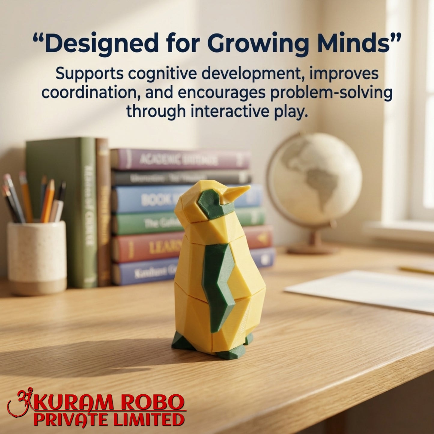 Ankuram Robo 3D Printed Penguin Puzzle Toy | Low-Poly Educational STEM Figure | Yellow & Green