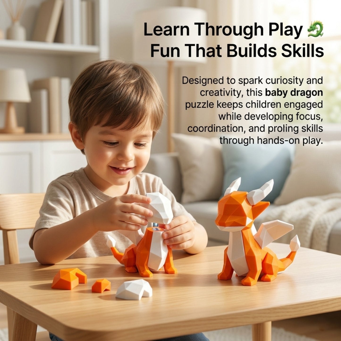 Premium 3D Printed Baby Dragon Puzzle – Modern Geometric Educational STEM Toy | Cute & Smart Learning Figurine