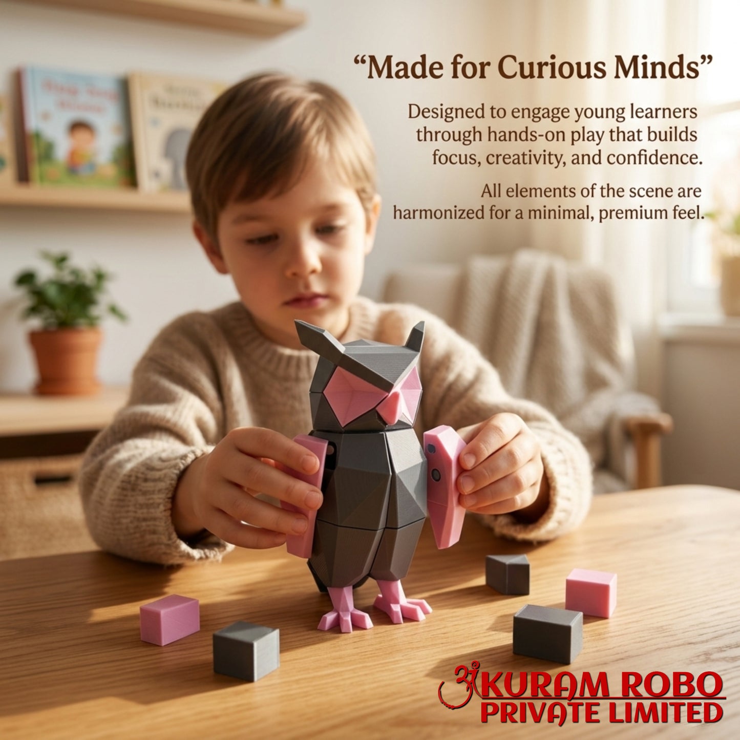 Ankuram Robo 3D Printed Owl Puzzle Toy | Low-Poly Educational Building Toy for Kids | Grey & Pink