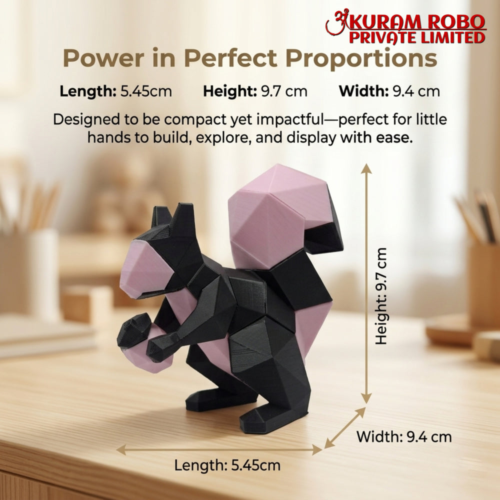 Ankuram Robo Eco-Friendly PLA Squirrel Puzzle | 3D Printed Low-Poly Animal Figurine | Black & Pink