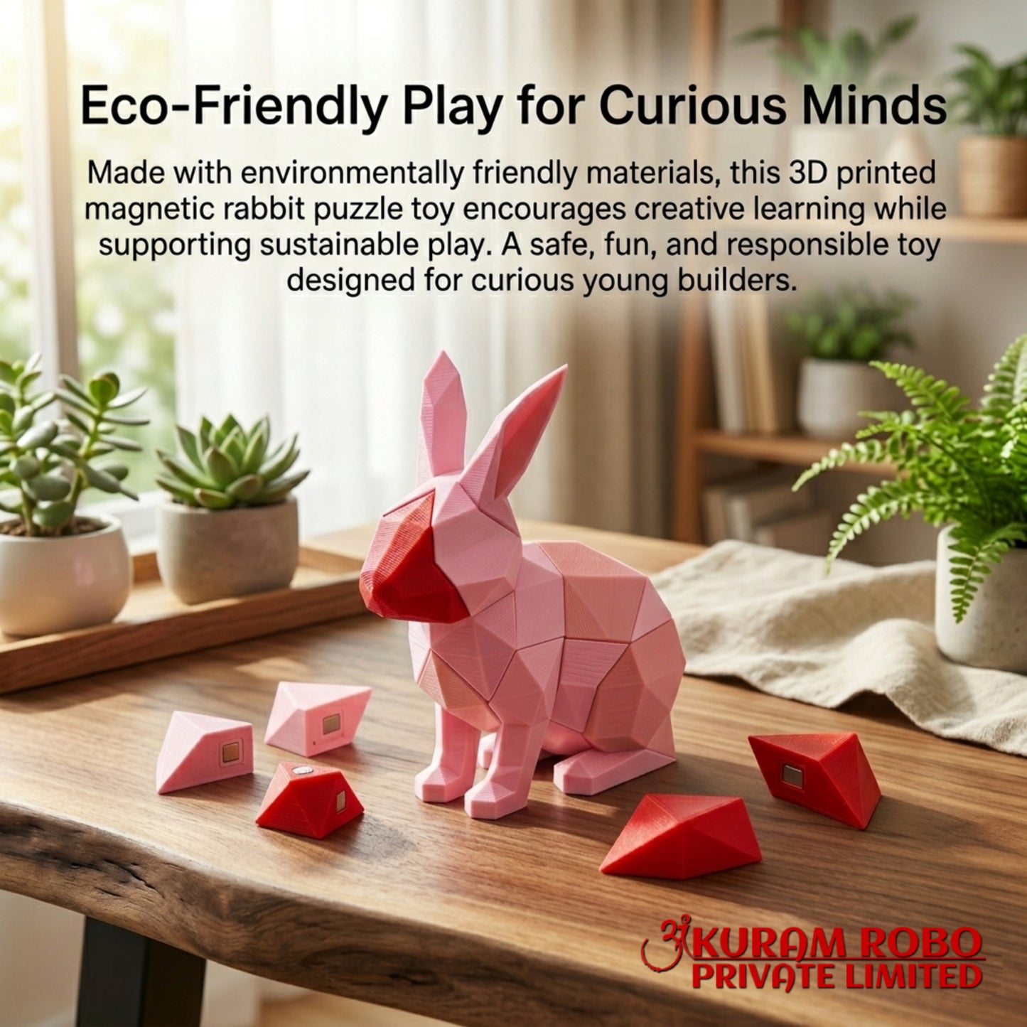 Ankuram Robo Eco-Friendly Magnetic Rabbit Puzzle | 3D Printed Low-Poly Bunny Toy | Pink & Red