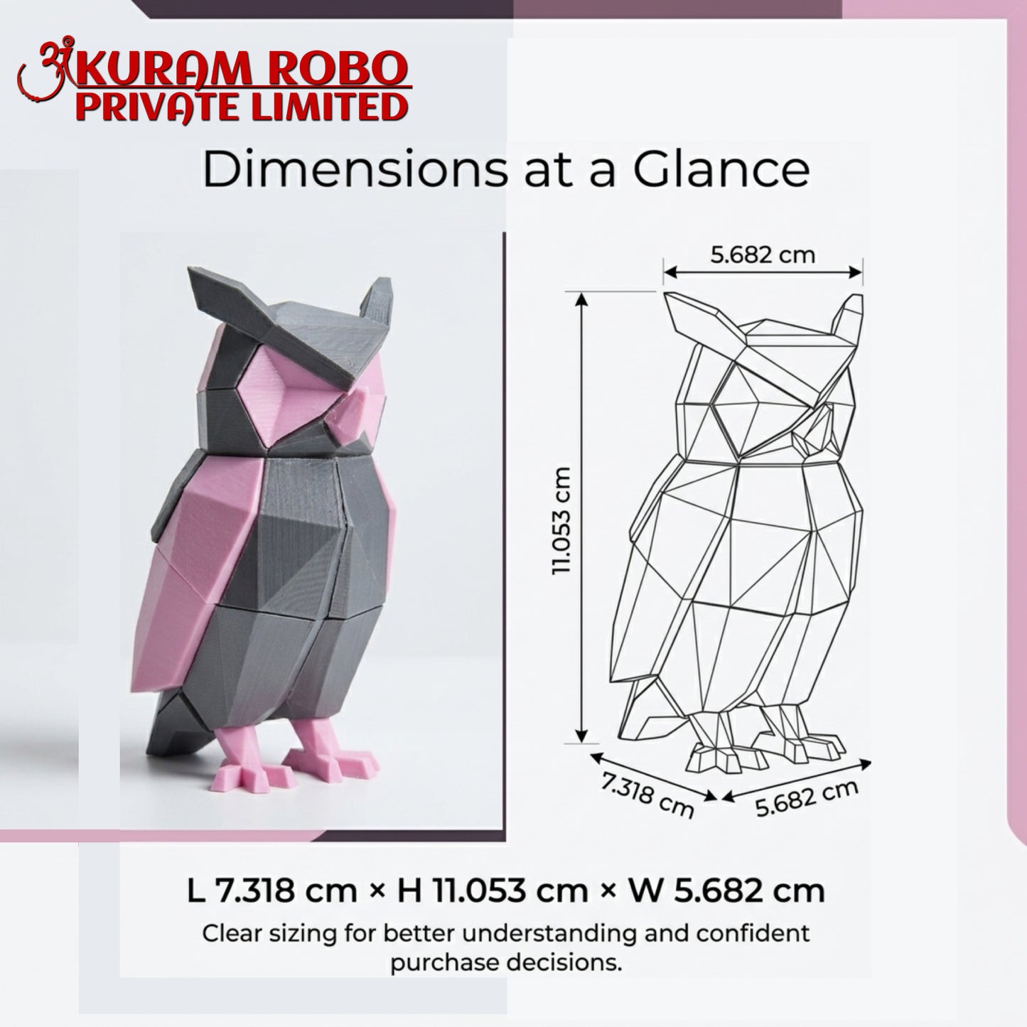 Ankuram Robo 3D Printed Owl Puzzle Toy | Low-Poly Educational Building Toy for Kids | Grey & Pink