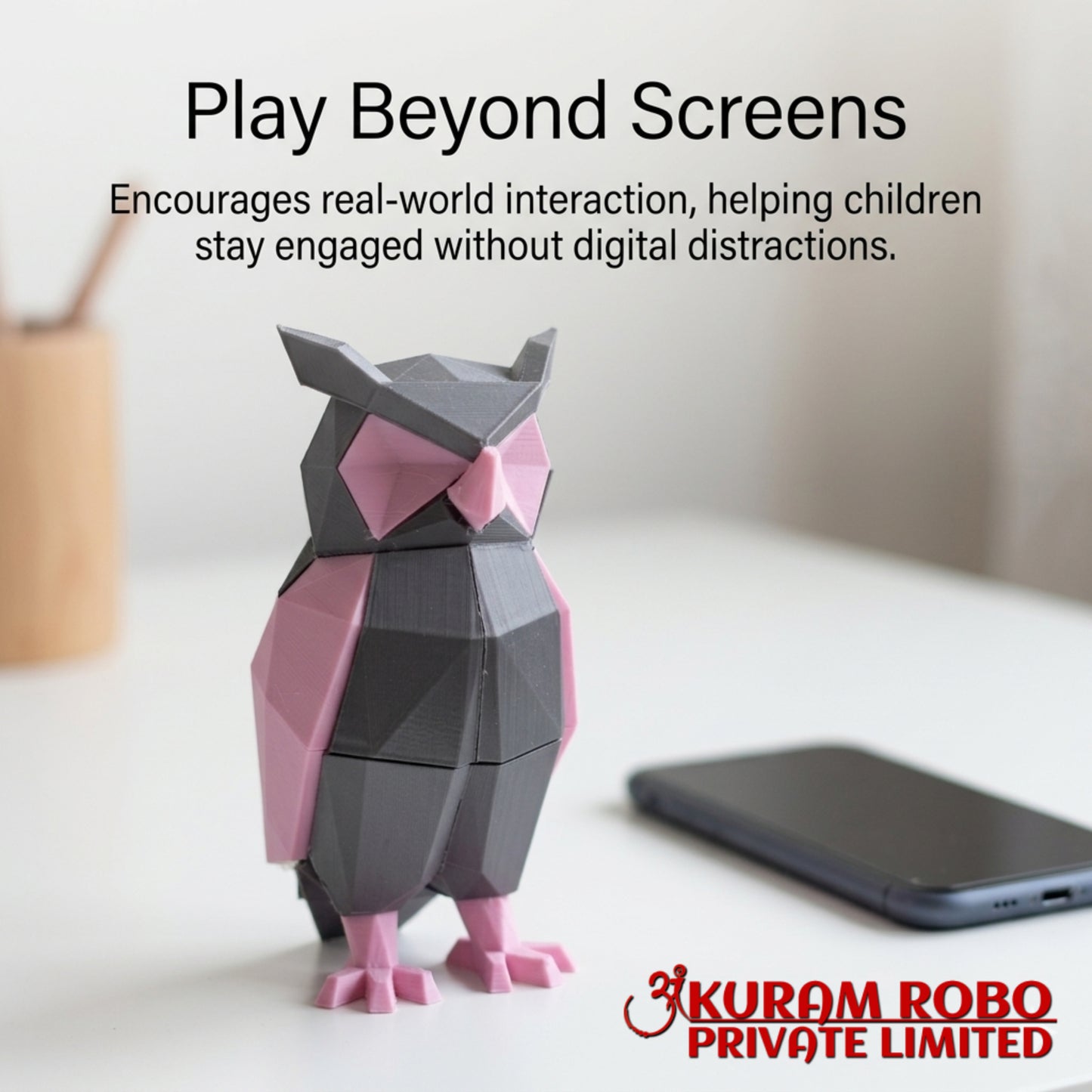 Ankuram Robo 3D Printed Owl Puzzle Toy | Low-Poly Educational Building Toy for Kids | Grey & Pink