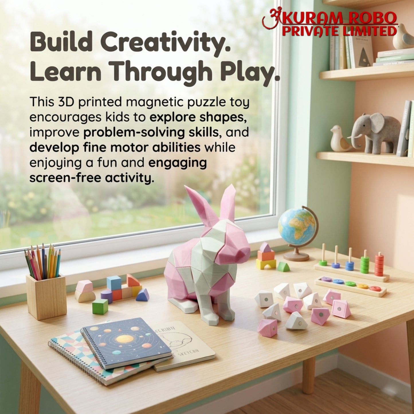 Ankuram Robo Eco-Friendly Magnetic Rabbit Puzzle | 3D Printed Low-Poly Bunny Toy | Pink & Red