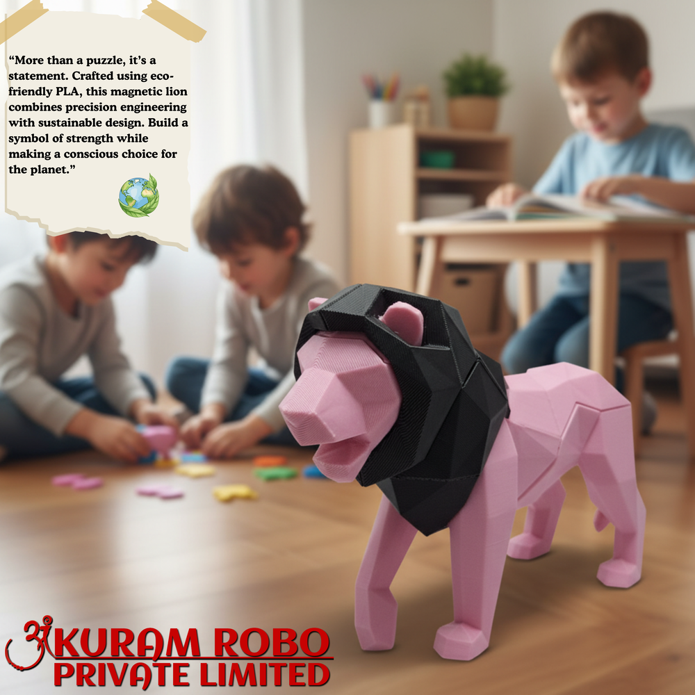 Ankuram Robo 3D Printed Lion Puzzle Toy | Low-Poly Educational Animal Figurine | Pink & Black