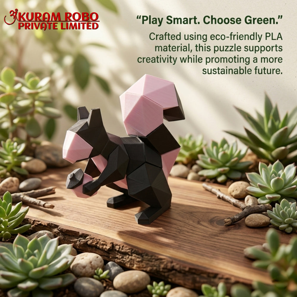 Ankuram Robo Eco-Friendly PLA Squirrel Puzzle | 3D Printed Low-Poly Animal Figurine | Black & Pink