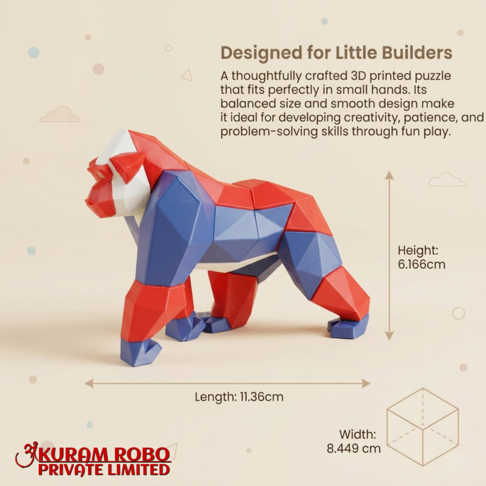 Ankuram Robo Eco-Friendly Low-Poly Gorilla Puzzle | 3D Printed PLA Animal Figurine | Red, White & Blue