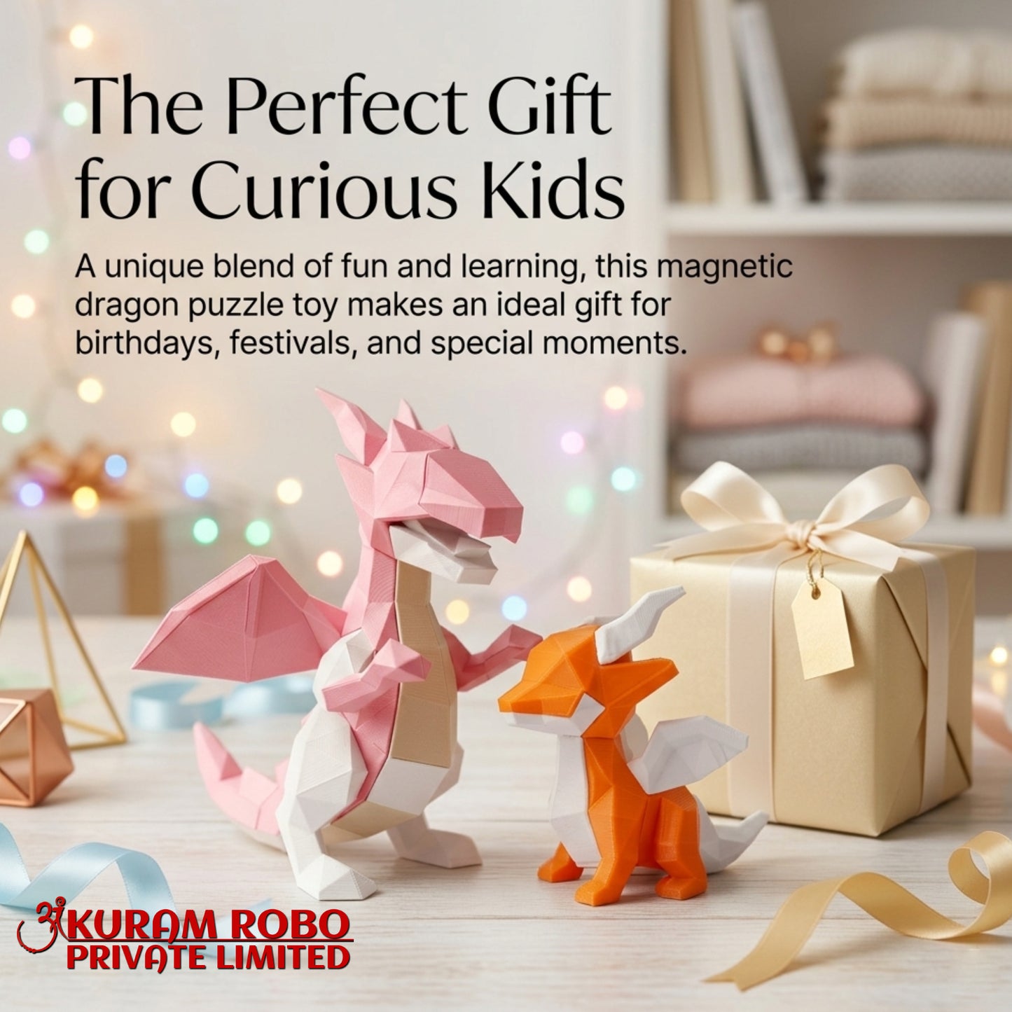 Geometric 3D Printed Dragon Family Set | Low-Poly Pink Mother & Orange Baby Dragon Ornaments | Fantasy Collectibles by Ankuram Robo