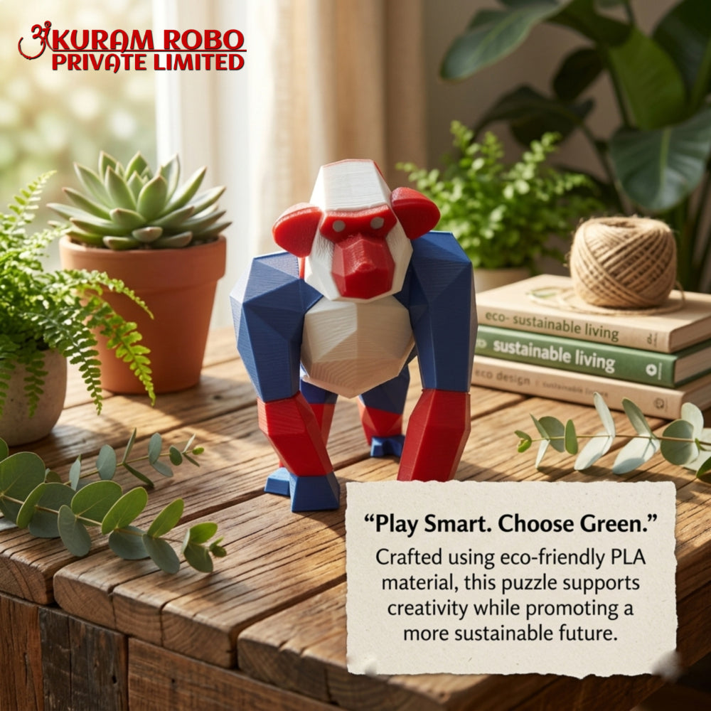 Ankuram Robo Eco-Friendly Low-Poly Gorilla Puzzle | 3D Printed PLA Animal Figurine | Red, White & Blue