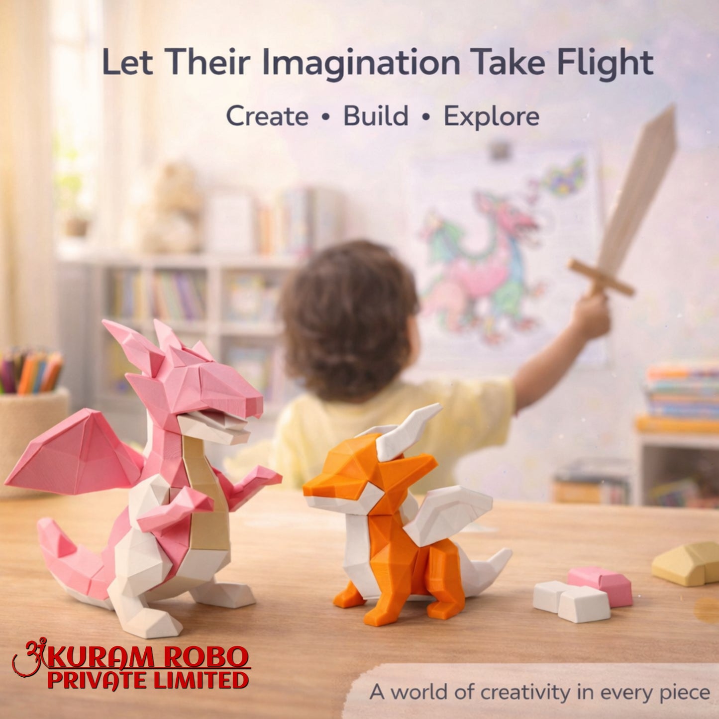 Geometric 3D Printed Dragon Family Set | Low-Poly Pink Mother & Orange Baby Dragon Ornaments | Fantasy Collectibles by Ankuram Robo