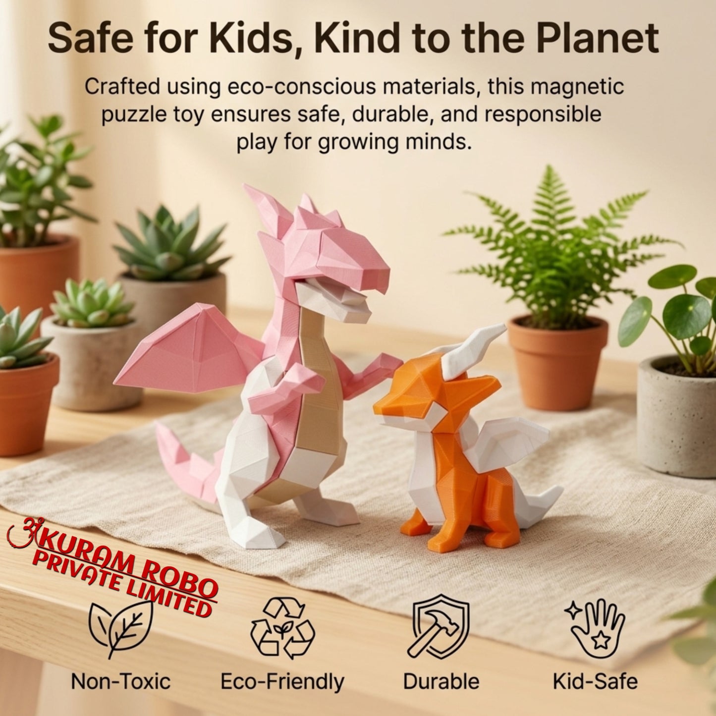 Geometric 3D Printed Dragon Family Set | Low-Poly Pink Mother & Orange Baby Dragon Ornaments | Fantasy Collectibles by Ankuram Robo