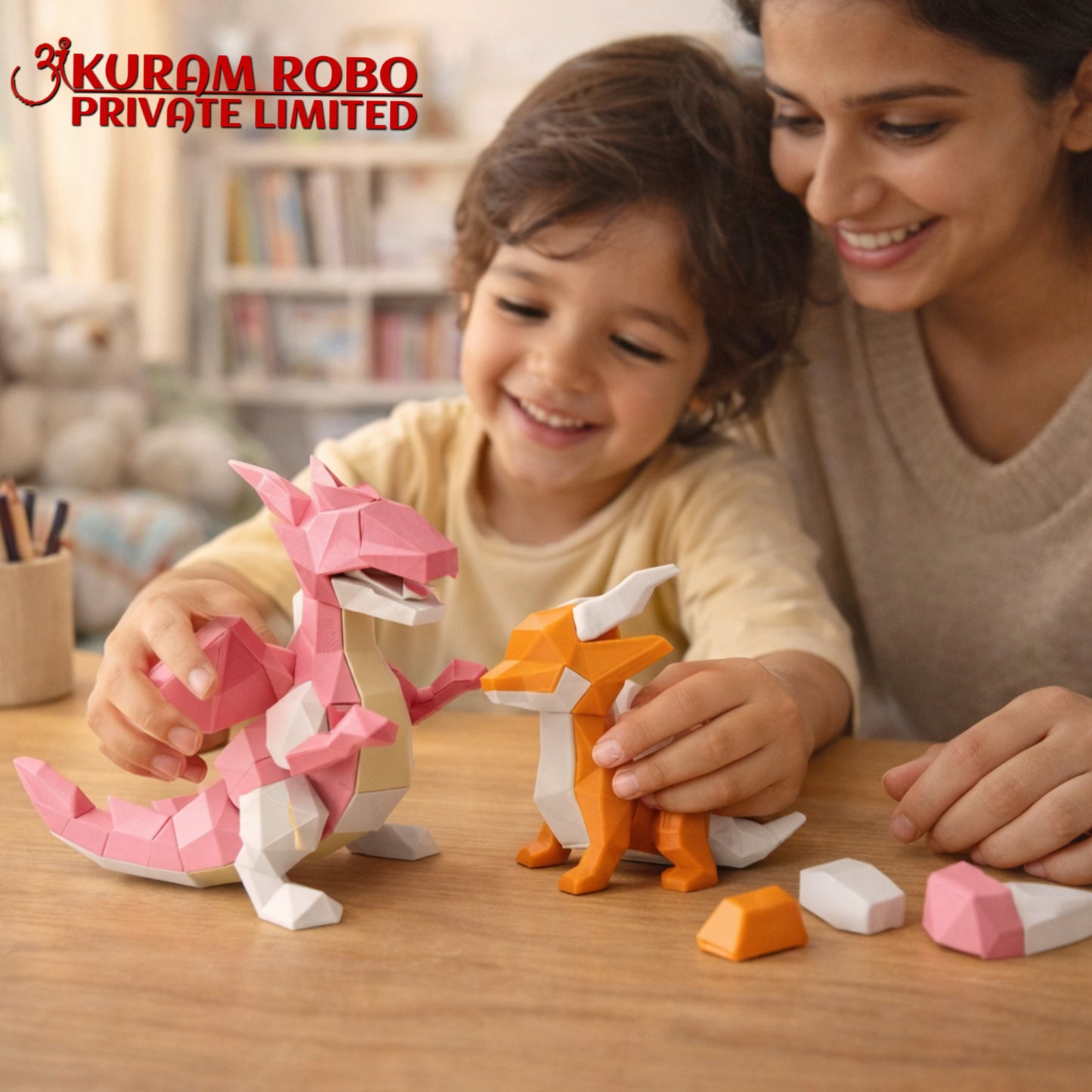 Geometric 3D Printed Dragon Family Set | Low-Poly Pink Mother & Orange Baby Dragon Ornaments | Fantasy Collectibles by Ankuram Robo