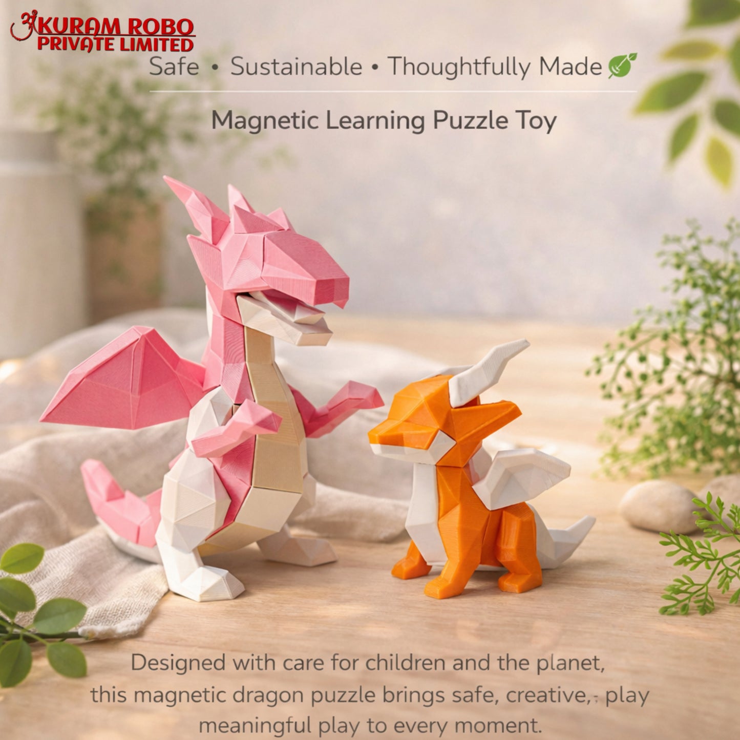Geometric 3D Printed Dragon Family Set | Low-Poly Pink Mother & Orange Baby Dragon Ornaments | Fantasy Collectibles by Ankuram Robo