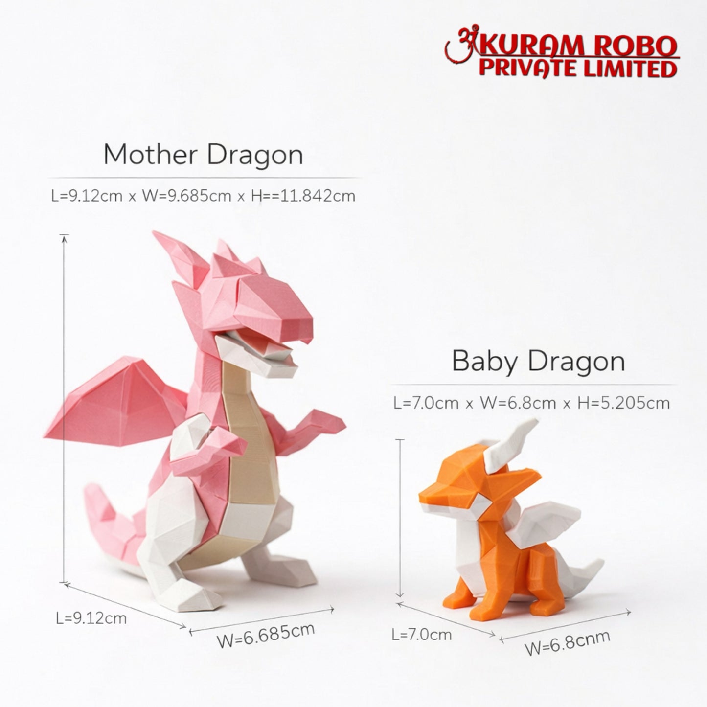 Geometric 3D Printed Dragon Family Set | Low-Poly Pink Mother & Orange Baby Dragon Ornaments | Fantasy Collectibles by Ankuram Robo