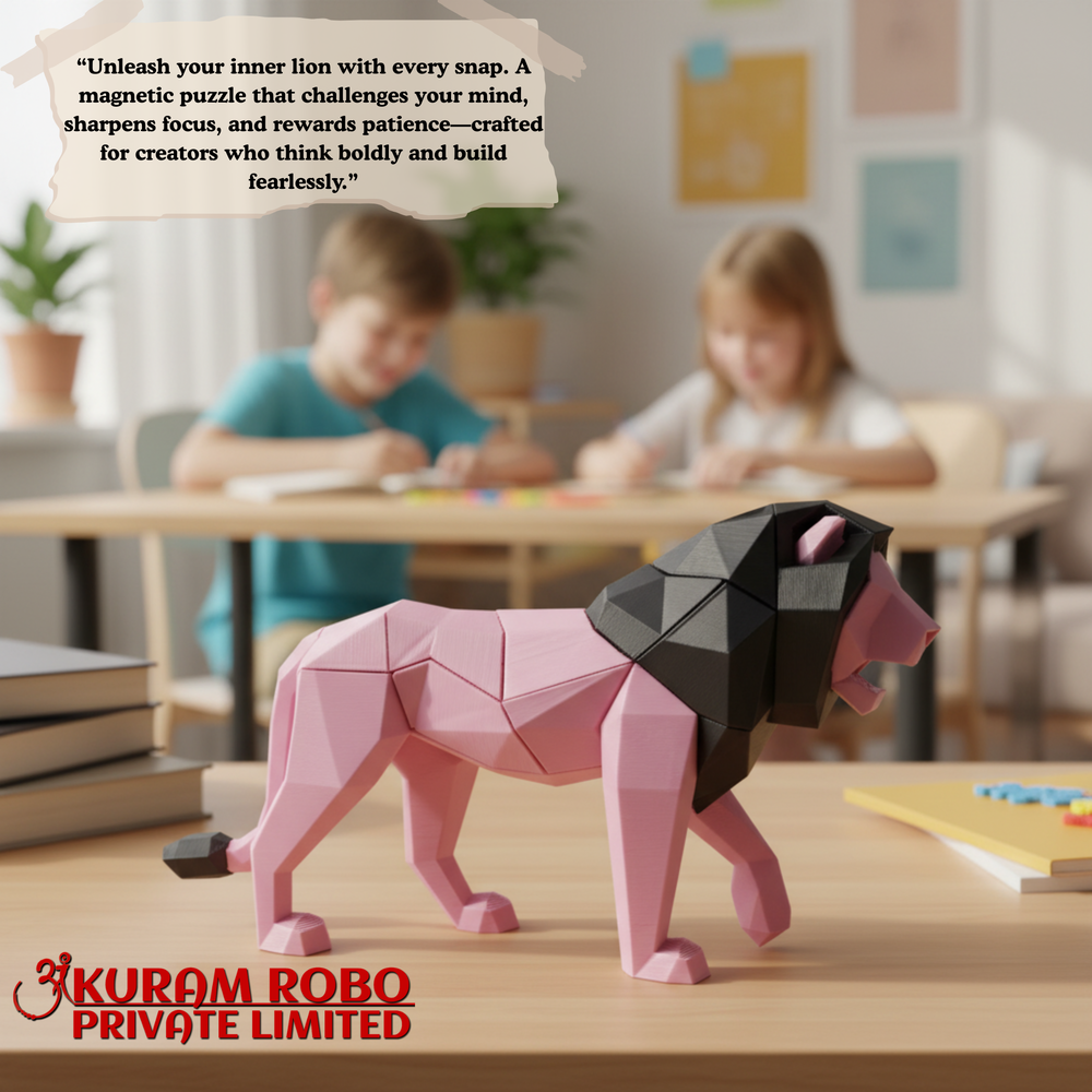 Ankuram Robo 3D Printed Lion Puzzle Toy | Low-Poly Educational Animal Figurine | Pink & Black